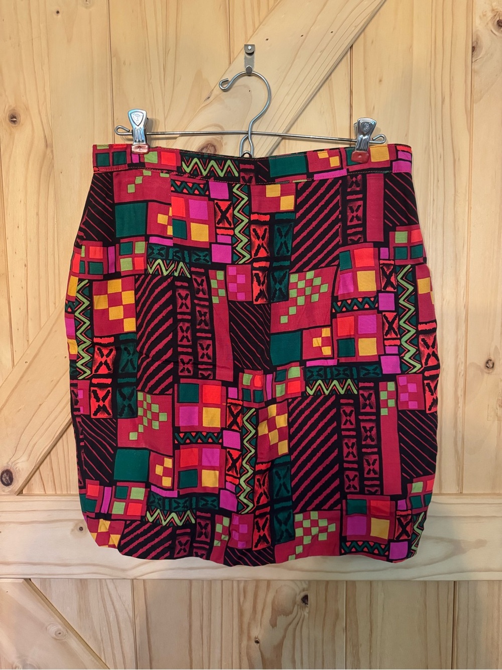 VINTAGE Bold Geometric Midi Skirt in Pink, Green & Black